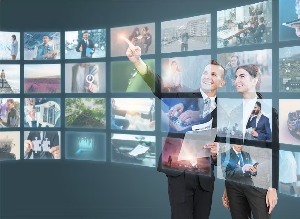 person working with floating screens 23 2150417082